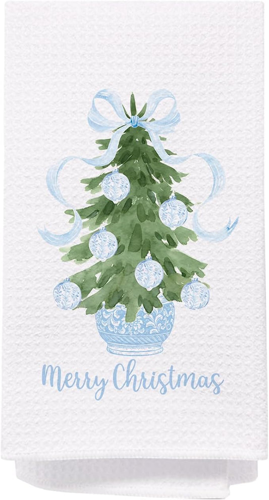 SPBL&L Light Blue Chinoiserie Christmas Kitchen Towels, Light Blue Bow Christmas Hand Towels for Bathroom, Chinoiserie Decor,Merry Christmas Dish Towels, Christmas Kitchen Bathroom Decor, 16x24 Inch