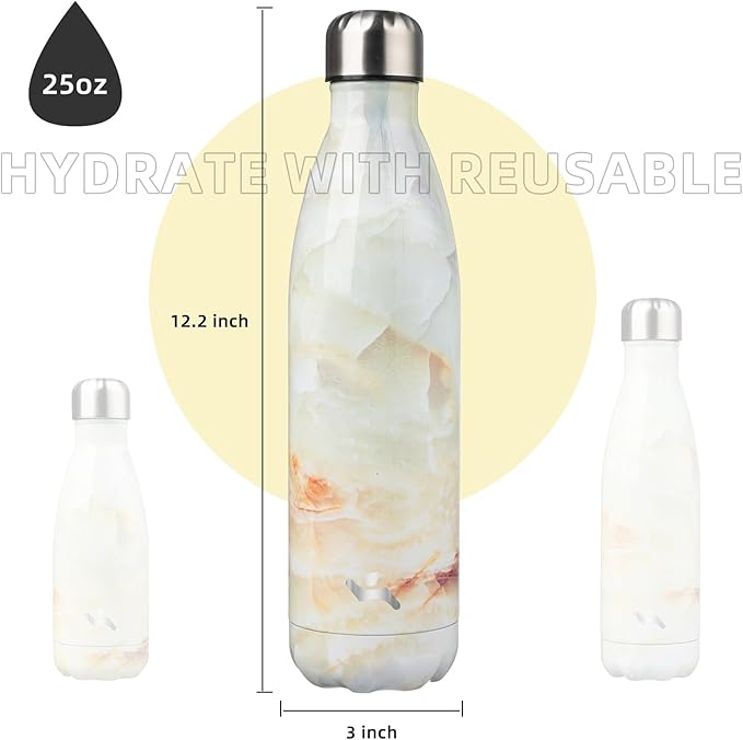 Insulated Water Bottles,25 oz Double Wall Stainless Steel Vacumm Metal Flask for Sports Travel,Marble Jade