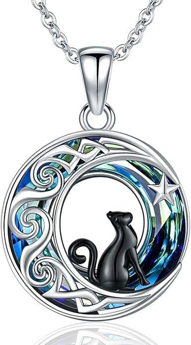 Odinstone Cat Necklace, S925 Sterling Silver Cat on Moon Pendant with Cubic Zirconia, Cat Jewelry Mothers Day Gifts for Mum with Gift Package - I Love You Forever