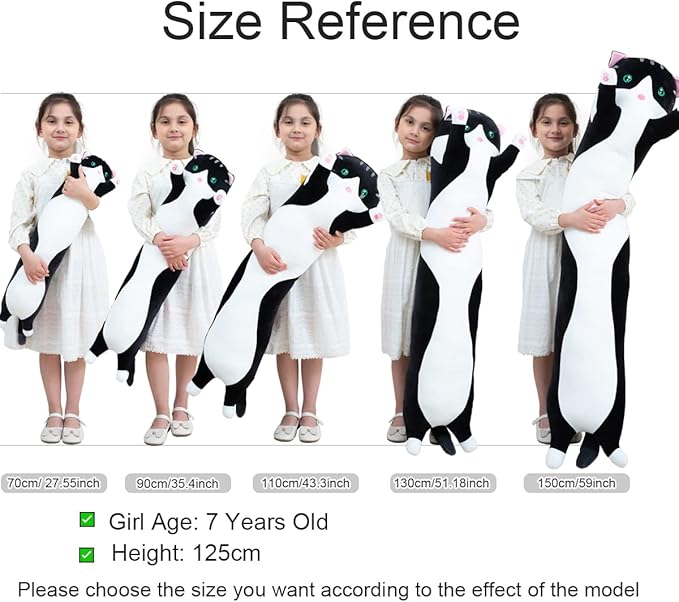 Giant Cat Pillow Plush Cartoon Kitty Sleeping Hugging Pillow, Cuddly Soft Long Kitten Body Pillow Doll Cat Cushion Toy for Kids Girlfriend (Black, 150cm/59inch)