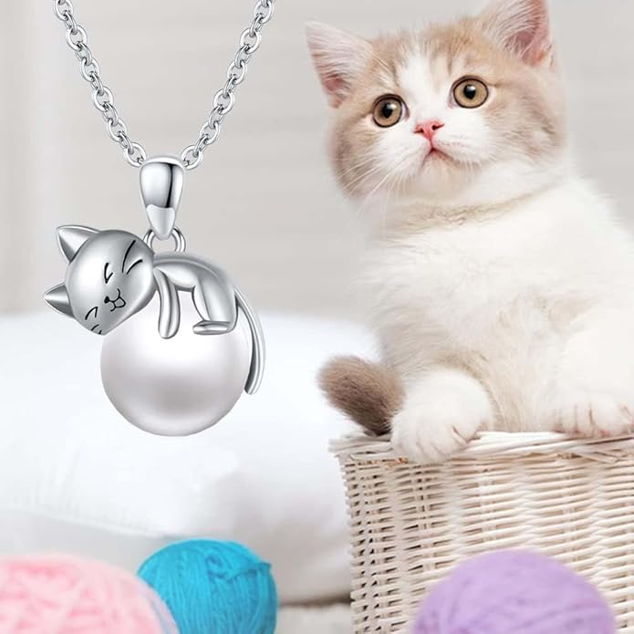 Cat Necklace Sterling Silver Cat Pendnat with Rose Quartz Pearl Jewelry Gifts for Women Cat Lovers