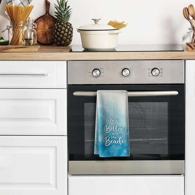 Life is Better at The Beach Saying Kitchen Towels,Funny Joked Dishcloth,16 * 24inch Stylish Hand Rags, Microfiber Bar Towel,Ideal Gifts for Women Hostess New Home Mom Women Housewarming-Blue