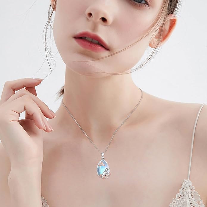 LUHE Moonstone Necklace 925 Sterling Silver Fox/Axolotl/Cat/Raccoon/Penguin/Frog/Panda/Highland Cow Pendant Necklace Animal Jewelry Gifts for Women