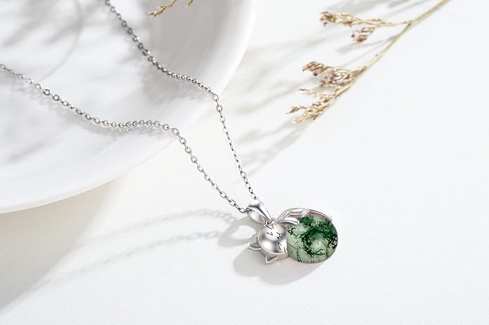 Natural Gemstone Cat Necklace for Women 925 Sterling Silver Cute Kitten Pendant with Genuine Turquoise/Rose Quartz/Amethyst/Larimar/Labradorite/Moss Agate/Blue Sandstone Jewelry Gifts