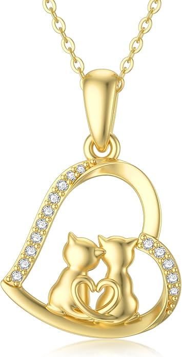 Cat Necklace for Women 14K Solid Gold Cat Lover Gift Eternal Love Heart Necklace for Wife and Mom