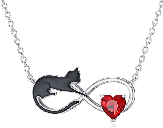 Natural Garnet Black Cat Necklace for Women 925 Sterling Silver Infinity and Cat Pendant Black Cat Jewelry Gifts for Cat Lovers