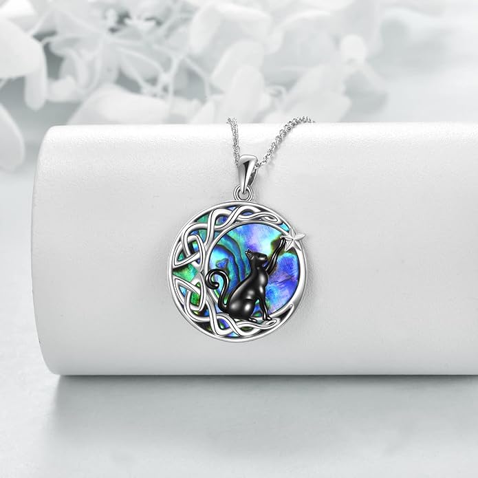 Celtic Moon Black Cat Necklace for Women - Abalone Tree of Life Sterling Silver Cat Lovers Jewelry