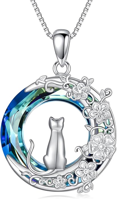 TOUPOP Cat Gifts for Women Sterling Silver Cat Necklaces with Circle Crystal Cat Lovers Jewelry Gifts for Women Girls Birthday Christmas
