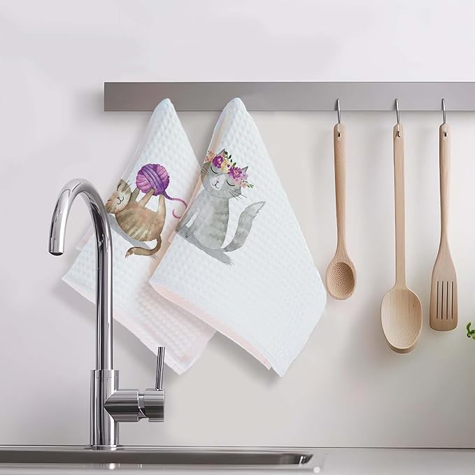 Cute Cat Kitchen Hand Towels Set of 2 Cat Lover Gifts for Women Cat Kitchen Accessories Cats Decoration for Cat Mom Cute Towels Decorative Set for Kitchen & Bathroom 16×24 Inch