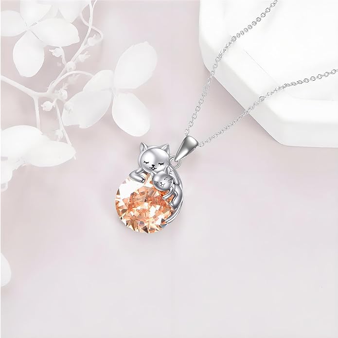 Cat Necklace Sterling Silver Cat Pendnat with Rose Quartz Pearl Jewelry Gifts for Women Cat Lovers