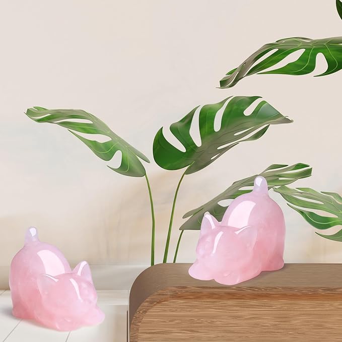 Rose Quartz Cat Crystal Statue Pink Carved Room Decor Figurines for Healing Stone Crystals Home Lazy Cute Sculpture Spiritual Natural Gemstones Cat Lover for Women Lovers
