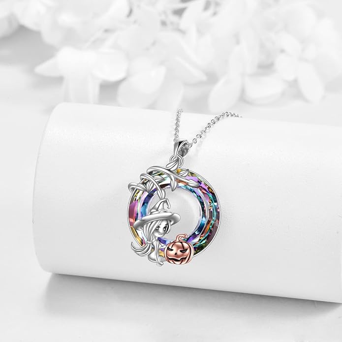 AOBOCO Cat Necklace Sterling Silver Bat Black Cat Quartz Cat Necklace Ghost Pumpkin Pentagram Witch Pendant Necklace Halloween Gifts for Women