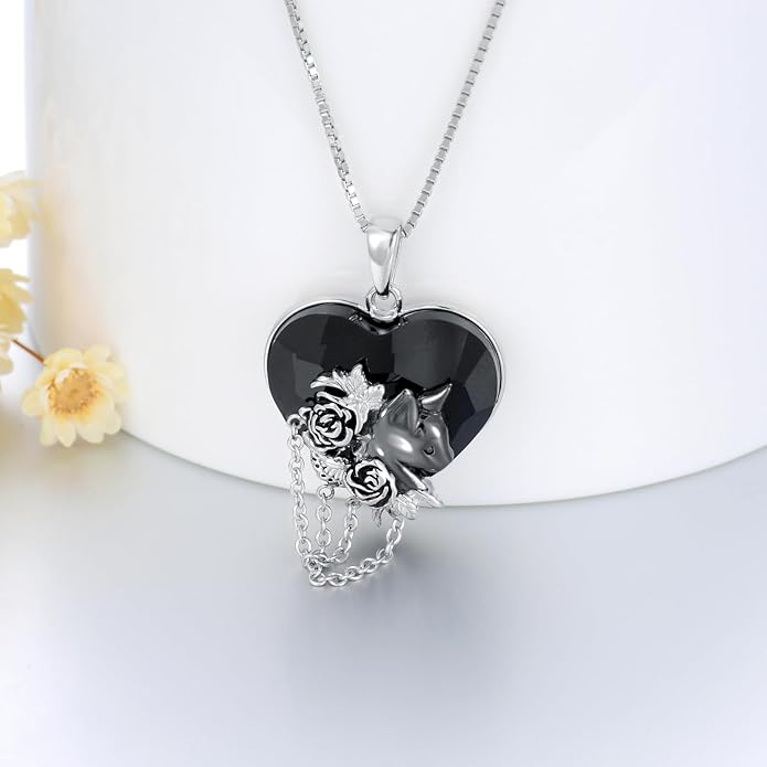 Gothic Jewelry Bat/Cat/Wolf/Dragon/Owl/Fox/Spider/Sun Pendant Sterling Silver Crescent Moon Necklace for Women Girls Black Jewelry Gifts