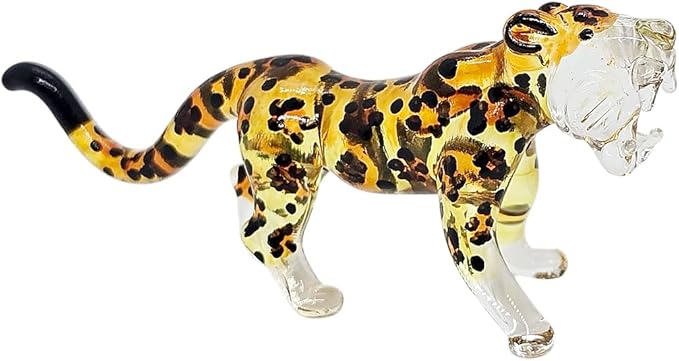 ChangThai Design Tiny 3½" Yellow Black Spotted Roaring Leopard Cheetah Jaguar Figurine - Miniature Hand Blown Glass Wild Cats Wildlife Felidae Animal Crystal Decorative Collectible Figures Décor Gifts
