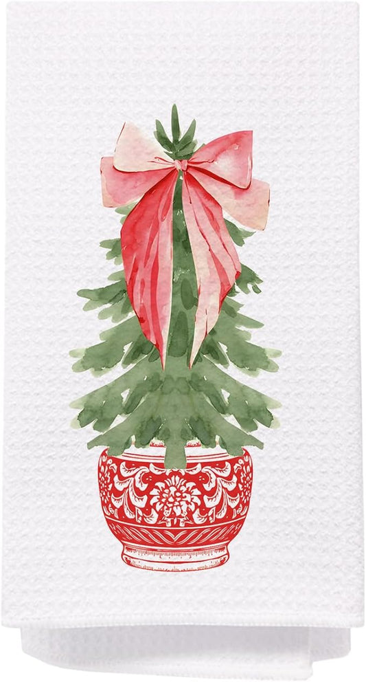 SPBL&L Chinoiserie Christmas Kitchen & Bath Towels, Red Porcelain Chinoiserie Tree Hand Towels, 16x24 Inch
