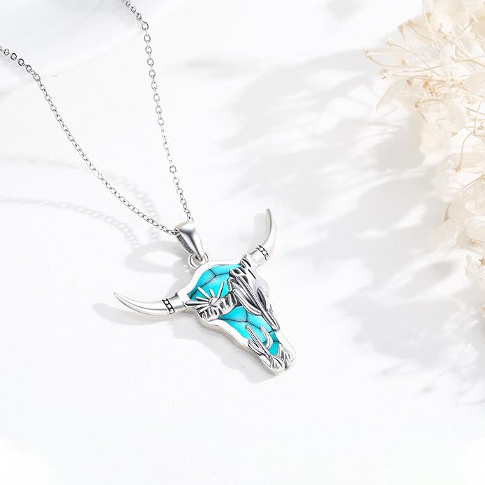 Midir&Etain Western Necklace 925 Sterling Silver Turquoise Pendant Cow Skull/Hat/Tag/Cactus Cowgirl Country Jewelry for Women Men
