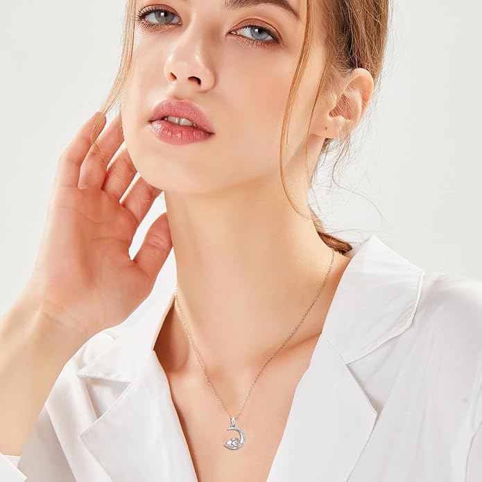 Diamond Black Cat/Red Panda/Sloth/Deer/Unicorn Necklace for Women 925 Sterling Silver Sleeping Animal and Moon Pendant with Lab Grown Diamonds Jewelry Gifts