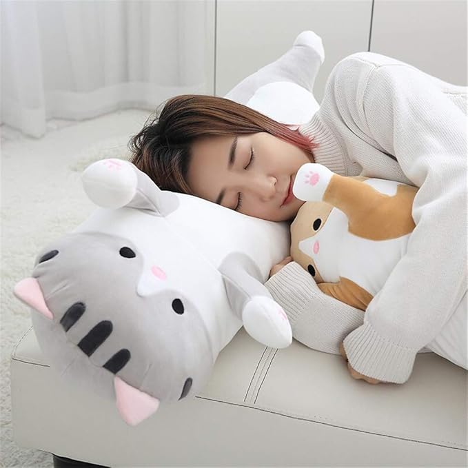Lovely Plush Cat Doll Cute Cartoon Soft Stuffed Kitten Long Throw Sleeping Pillow Toy Gift for Kids Girlfriend Multiple Size (Grey,90cm/35.4in)