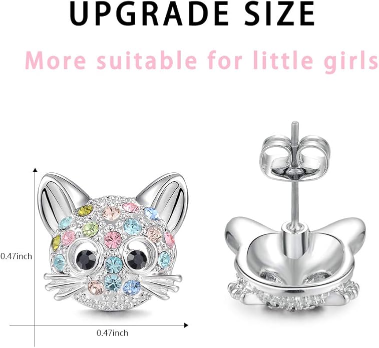 Lanqueen Cute Cat Stud Earrings for Girls Hypoallergenic Cat Cubic Zirconia Earrings for Women Teens Girls