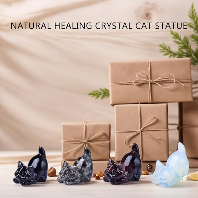 Natural Obsidian Cat Decor Statue Crystals and Healing Stones Cat Figurine Polished Gemstones Bedroom Office Desk Home Decoration A Lucky Decoration for Cat Lover