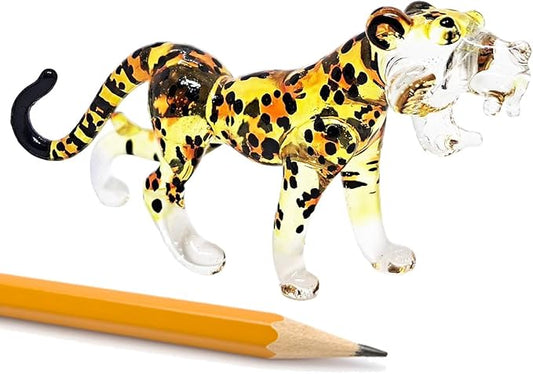 ChangThai Design Tiny 2½" Yellow Black Spotted Roaring Leopard Cheetah Jaguar Figurine - Miniature Hand Blown Glass Wild Cats Wildlife Felidae Animal Crystal Decorative Collectible Figures Décor Gifts