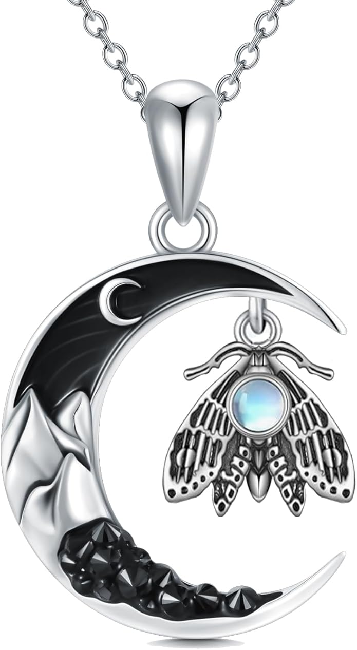 Gothic Jewelry Bat/Cat/Wolf/Dragon/Owl/Fox/Spider/Sun Pendant Sterling Silver Crescent Moon Necklace for Women Girls Black Jewelry Gifts