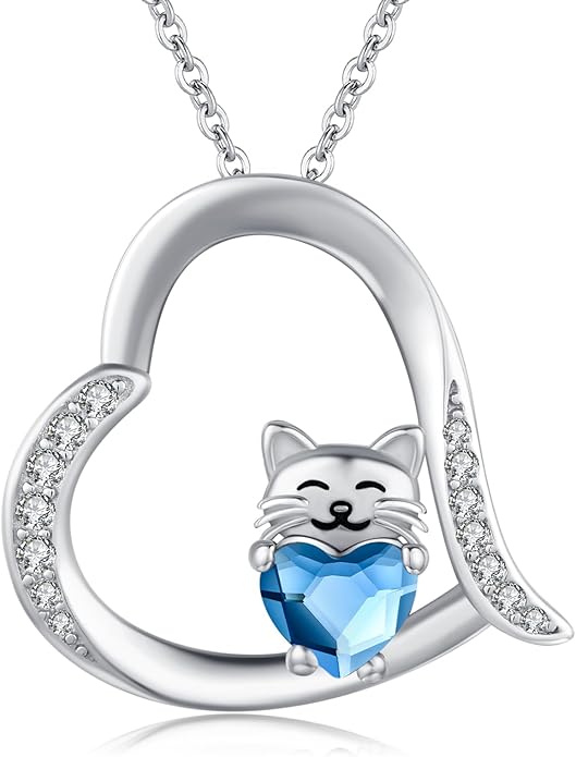 JUSTKIDSTOY Sterling Silver Cute Animal Pendant Necklace with Crystal Cat Pendant - Women's Cat Lovers Jewelry Gift