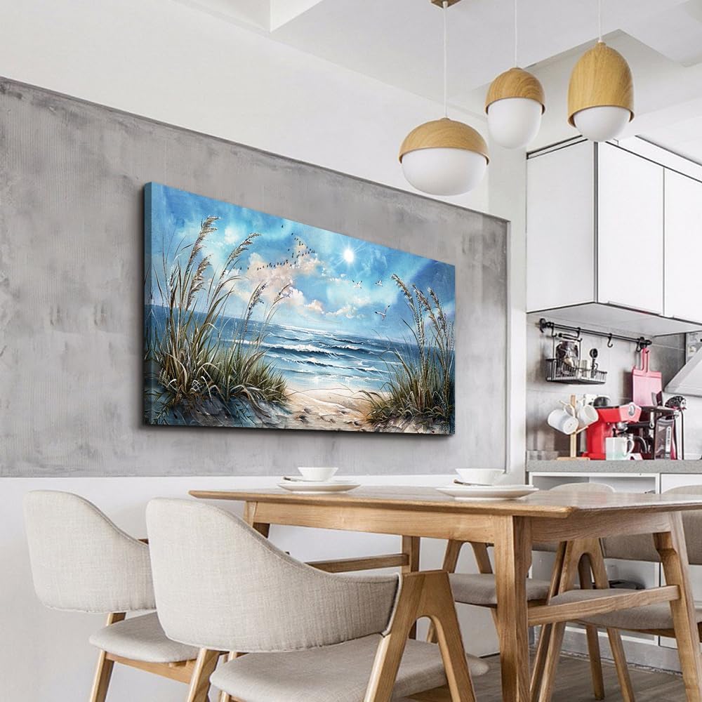 hyidecorart Large Wall Art For Living Room Wall Decor For Bedroom Sunshine Ocean Scenery Painting Blue Sea Waves Wall Pictures Office Modern Canvas Prints Artwork Aesthetic Home Decoration 48"X 24"