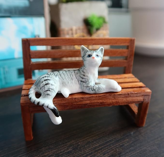 Ceramic Cat Figurine Relaxed Gray Tabby Porcelain Kitten Adorable Pet Kitty Collectible Miniatures Hand Painted Animal with Bench Home Decor or Gift