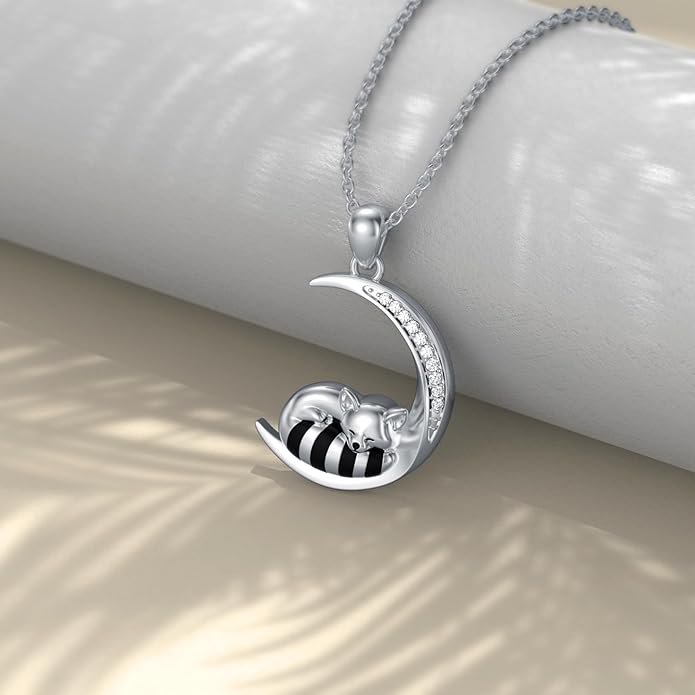 Diamond Black Cat/Red Panda/Sloth/Deer/Unicorn Necklace for Women 925 Sterling Silver Sleeping Animal and Moon Pendant with Lab Grown Diamonds Jewelry Gifts