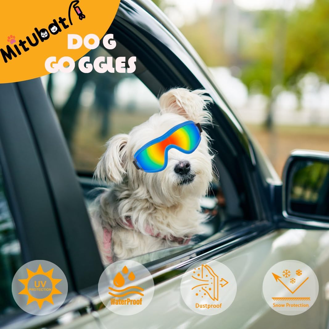 Dog Goggles Small Breed Dog Sunglasses with Adjustable for UV Protection Eyewear Doggy Doggie Puppy Glasses Anti-Fog Wind Dust Snowproof (Blue Frame Red Lens)