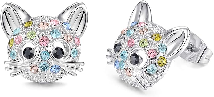 Lanqueen Cute Cat Stud Earrings for Girls Hypoallergenic Cat Cubic Zirconia Earrings for Women Teens Girls