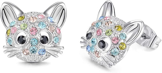 Lanqueen Cute Cat Stud Earrings for Girls Hypoallergenic Cat Cubic Zirconia Earrings for Women Teens Girls