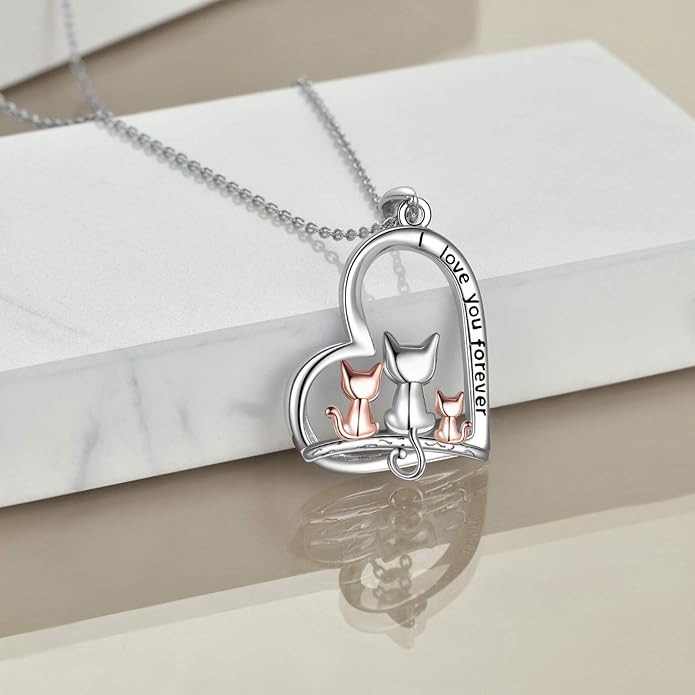 POPLYKE Cat/Family Cat Necklace for Women 925 Sterling Silver Celtic Moon Cat Wiccan Jewelry for Wife