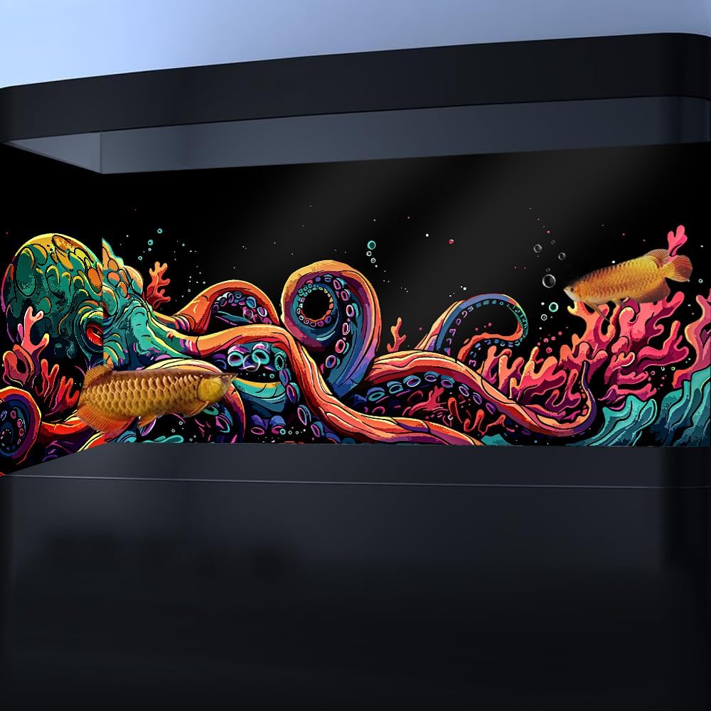 60X24IN Blacklight Octopus Sea Monster HD 3D Black Light Aquarium Background UV Reactive Background Terrarium Background with 10 EVA Double-Sided Tape