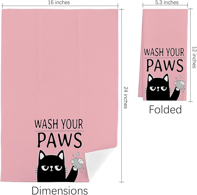 QIYUHOY Kitchen Towels and Dishcloths, 'Wash Your Paws', Cat Theme Gifts for Cat Lovers, Hand Towels, 24x16 Inch (Pink)