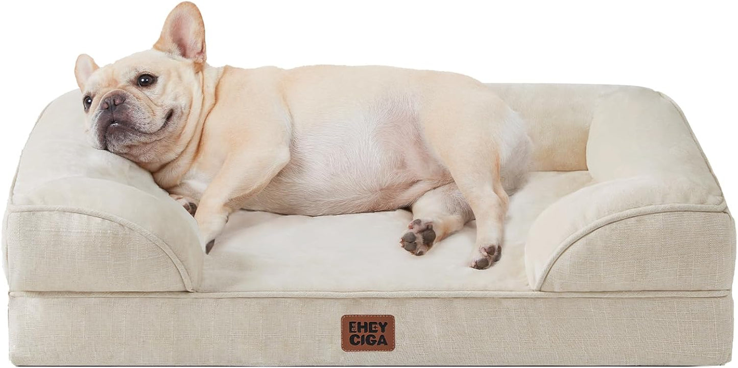 EHEYCIGA Orthopedic Dog Bed for Medium Dogs, Waterproof Memory Foam Medium Dog Beds with Sides, Non-Slip Bottom and Egg-Crate Foam Pet Couch Bed with Washable Removable Cover, Beige
