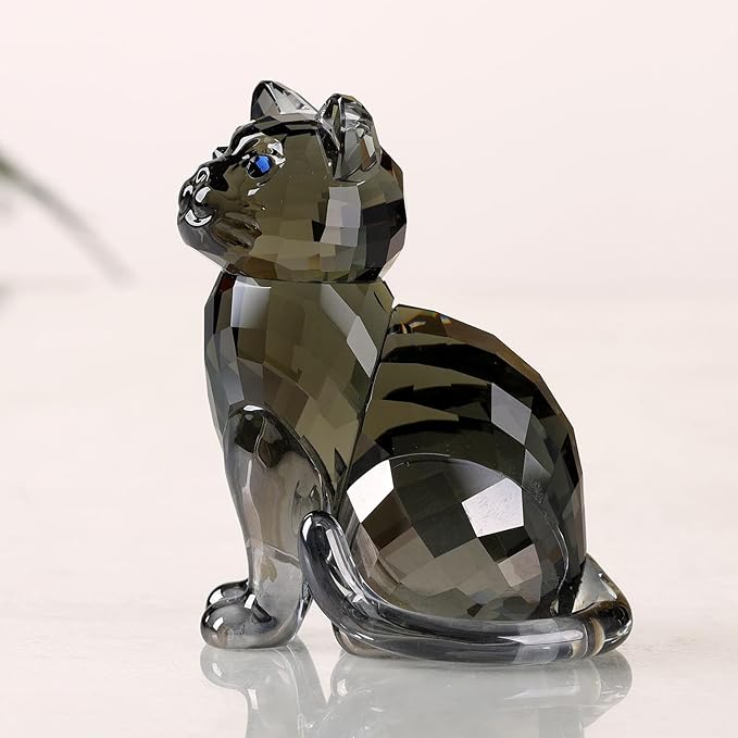 Crystal Cat Realistic Animal Kitten Art Figurine Collection Table top Ornament Statue Home Decor (Black)