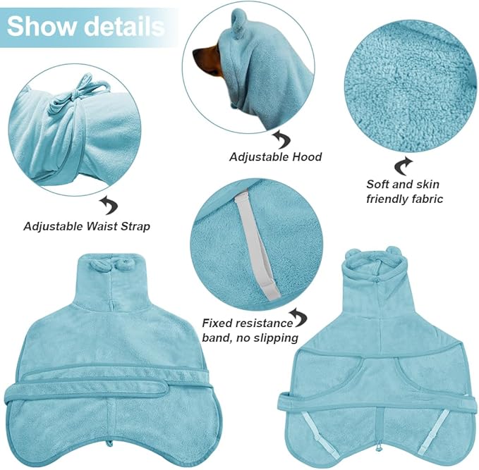 KOOGALSmall to Medium Size Dog Bathrobe, Quick Drying Super Absorbent Used for After Bathing, Warm Dog Towels, Adjustable Hoodies and Belts for Pet Dogs Bath Clothes Products (Blue, XL)