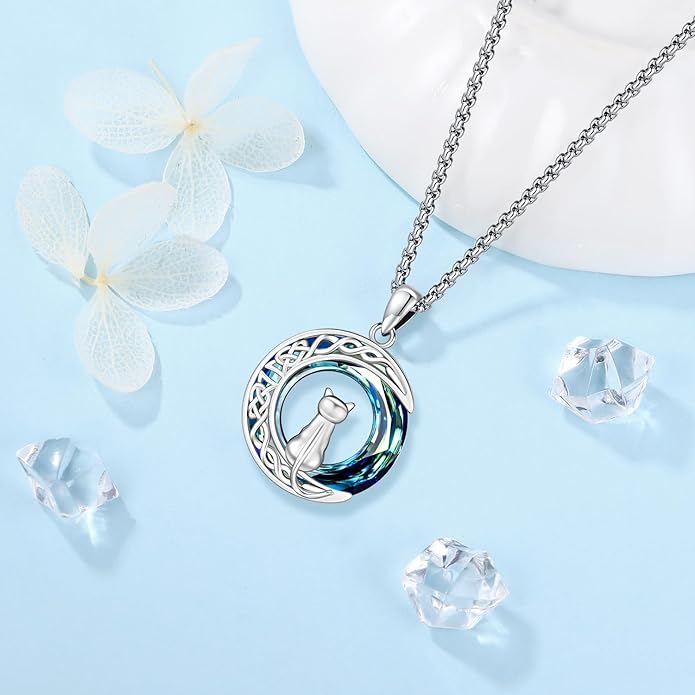 Odinstone Cat Necklace, S925 Sterling Silver Cat on Moon Pendant with Cubic Zirconia, Cat Jewelry Mothers Day Gifts for Mum with Gift Package - I Love You Forever