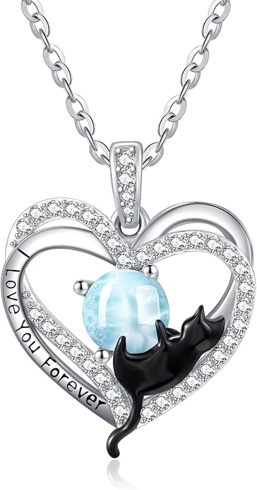 Birthstone Cat Necklaces,925 Sterling Silver Cat Necklace Heart Pendant for Women,Dainty Animal Jewelry for Her,Wedding Anniversary Birthday Gifts for Women Mom Grandma