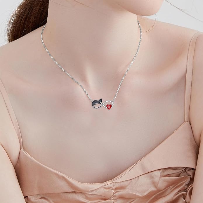 Natural Garnet Black Cat Necklace for Women 925 Sterling Silver Infinity and Cat Pendant Black Cat Jewelry Gifts for Cat Lovers
