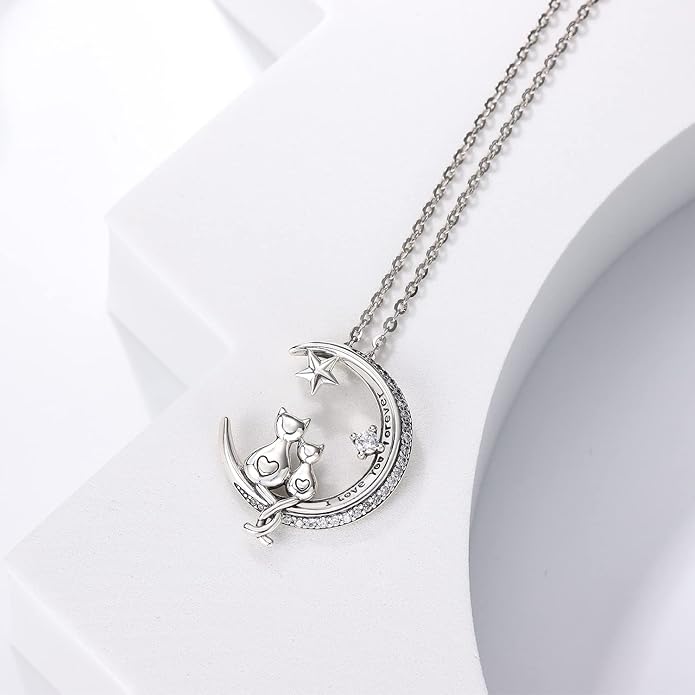 Odinstone Cat Necklace, S925 Sterling Silver Cat on Moon Pendant with Cubic Zirconia, Cat Jewelry Mothers Day Gifts for Mum with Gift Package - I Love You Forever
