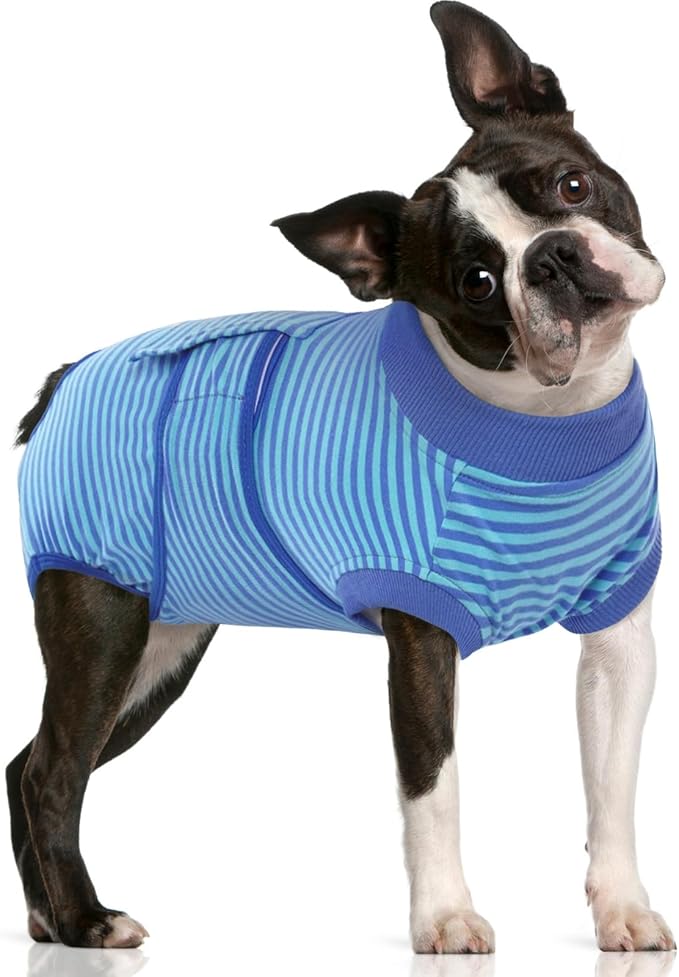FUAMEY Recovery Suit for Dogs After Surgery,Soft Breathable Dog Bodysuit E-Collar & Cone Alternative Surgical Suit,Male Female Dog Neuter Spay Suits Anti Licking Wounds Onesie Navy Blue Strips M
