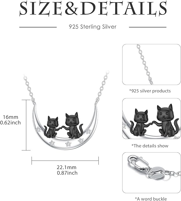 Diamond Black Cat Necklace for Women 925 Sterling Silver Cat on Moon Necklace Pendant Black Cat Jewelry Gifts for Women Mom Wife Girlfriend Daughter Girls