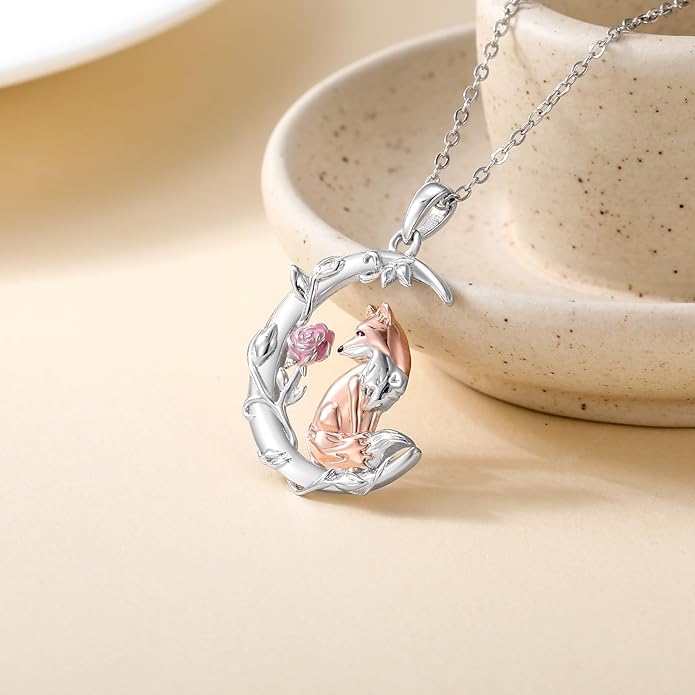 925 Sterling Silver Cat/Fox/Panda/Elephant/Highland Cow Necklace Crescent Moon Pendant Cute Animal Jewelry Gift for Women