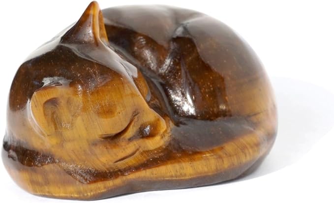 OwMell Tiny Sleeping Cat Statue Hand-Carved Healing Stone Gemstone Little Kitten Statue Figurine 2" - Tigers Eye Sleeping Cat