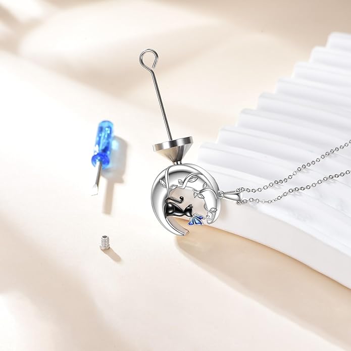 TIGER RIDER Moon Cat Necklace 925 Sterling Silver Blue Butterfly Black Jewelry Gifts Birthday Christmas Gifts for Women Wife Cat Lovers