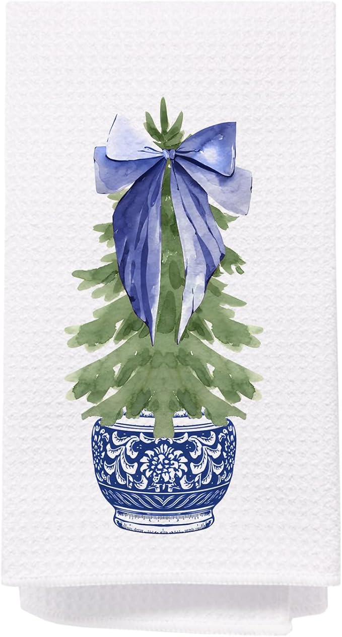 Chinoiserie Christmas Tree Hand Towels, Blue and White Porcelain - 16x24 Inch, Bathroom and Kitchen Decor