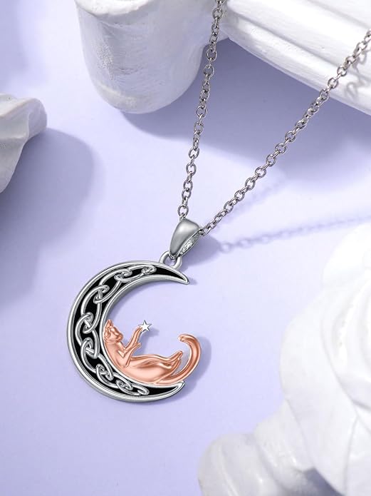 Fox/Cat/Axolotl/Sloth/Panda Necklace Crescent Moon Necklace 925 Sterling Silver Cute Animal Jewelry as Birthday Mothers Day Gifts for Women